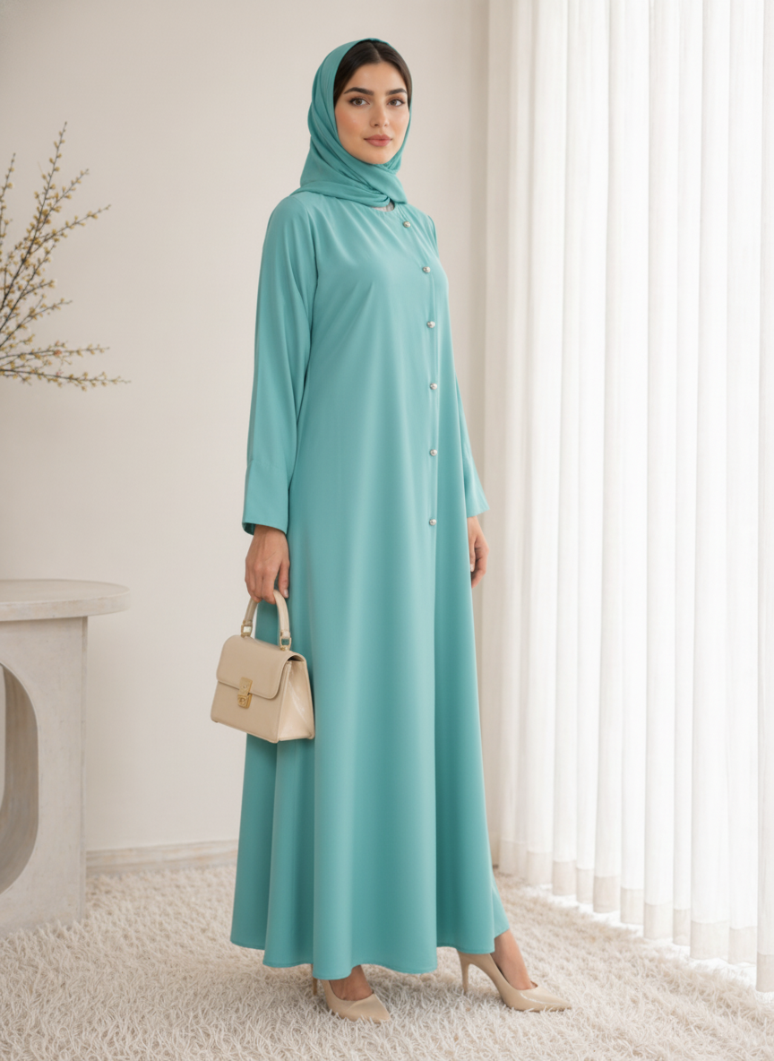 Dusty Aqua Korean Nida Abaya – Asymmetrical Button Design with Matching Chiffon Headscarf