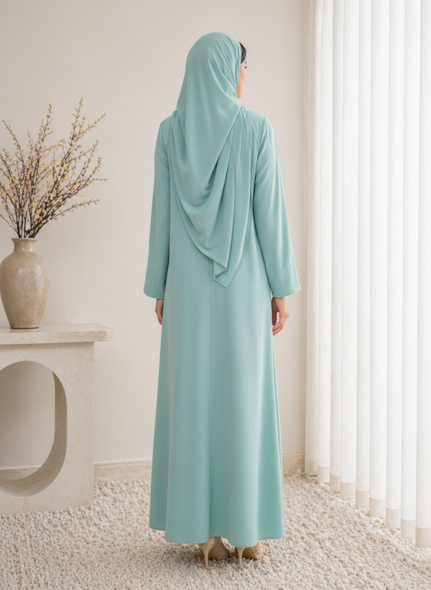 Dusty Aqua Korean Nida Abaya – Asymmetrical Button Design with Matching Chiffon Headscarf