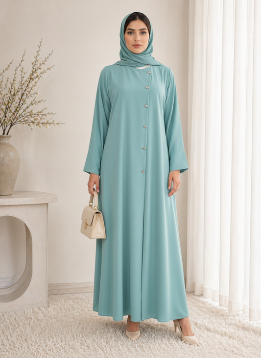 Dusty Aqua Korean Nida Abaya – Asymmetrical Button Design with Matching Chiffon Headscarf