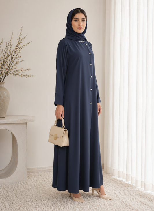 Navy Blue Korean Nida Abaya – Asymmetrical Button Design with Matching Chiffon Headscarf