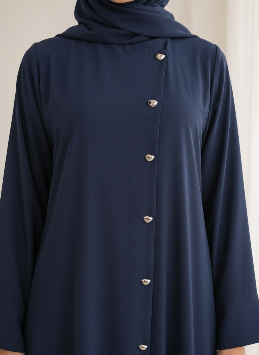 Navy Blue Korean Nida Abaya – Asymmetrical Button Design with Matching Chiffon Headscarf