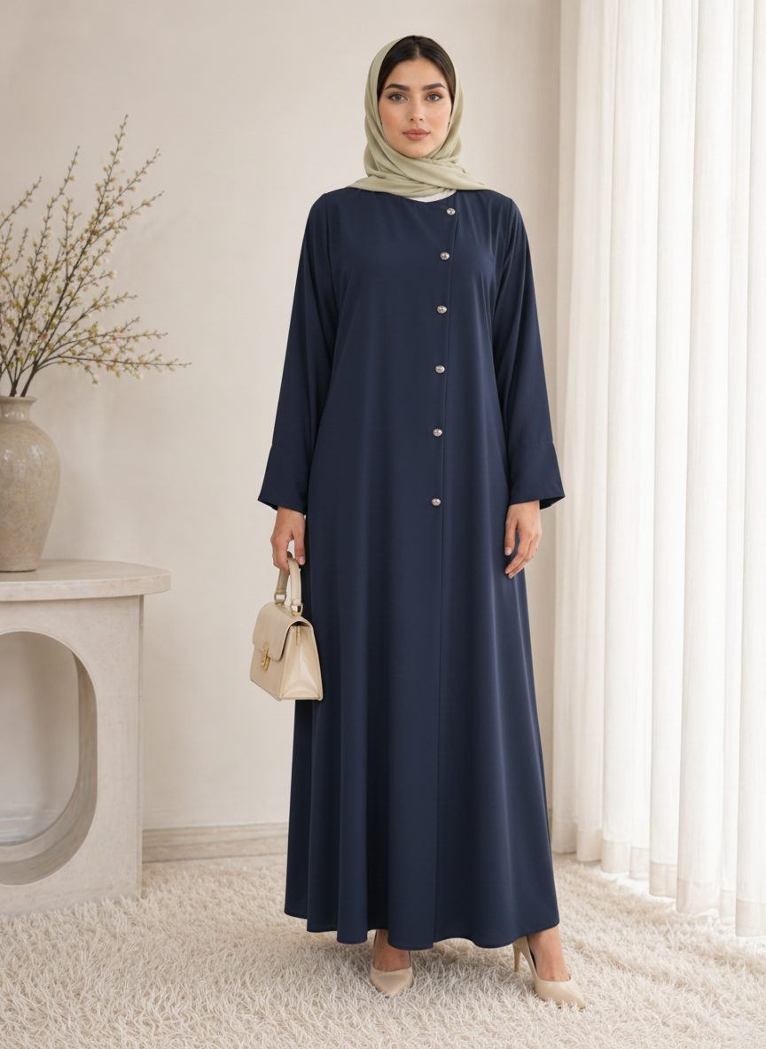 Navy Blue Korean Nida Abaya – Asymmetrical Button Design with Matching Chiffon Headscarf