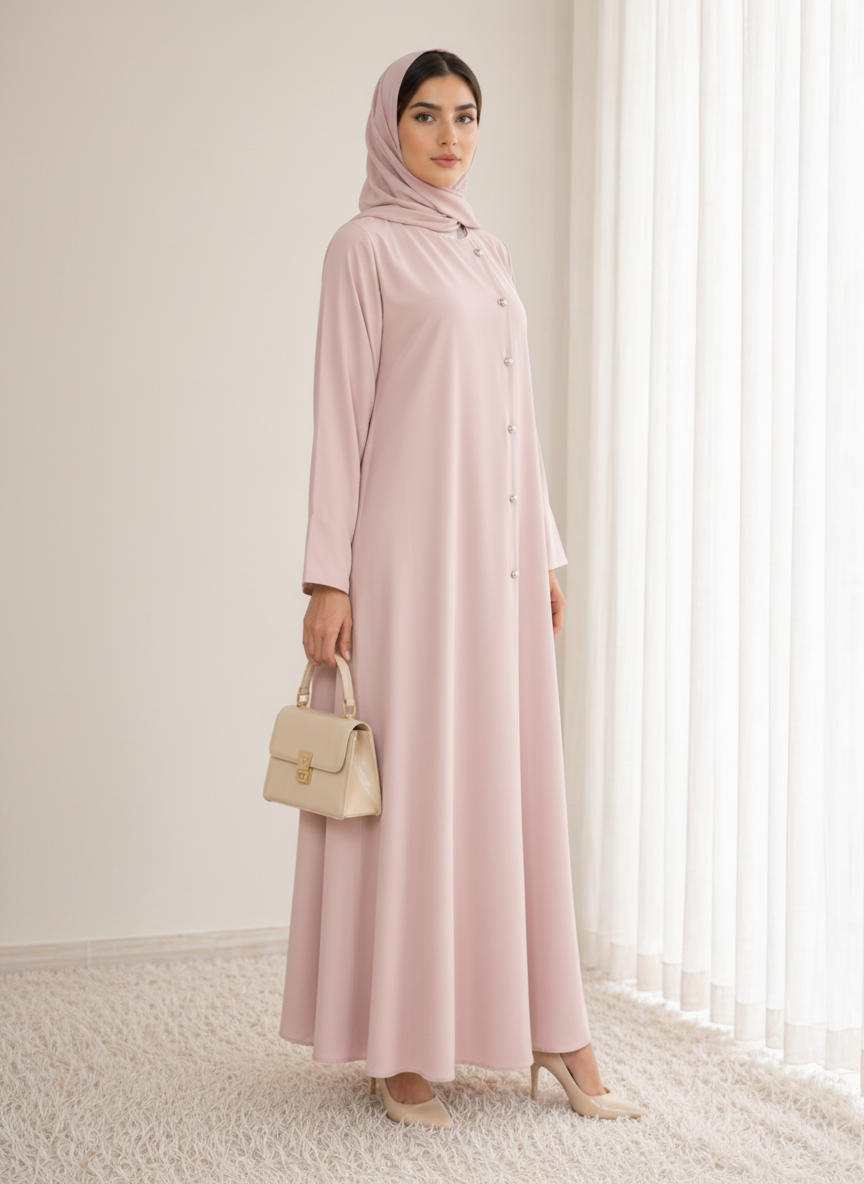 Pink Korean Nida Abaya – Asymmetrical Button Design with Matching Chiffon Headscarf