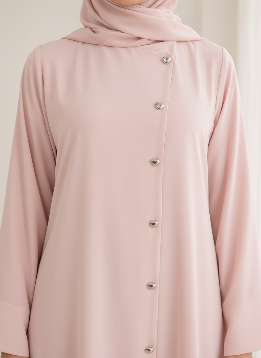 Pink Korean Nida Abaya – Asymmetrical Button Design with Matching Chiffon Headscarf