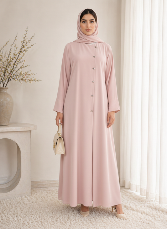 Pink Korean Nida Abaya – Asymmetrical Button Design with Matching Chiffon Headscarf