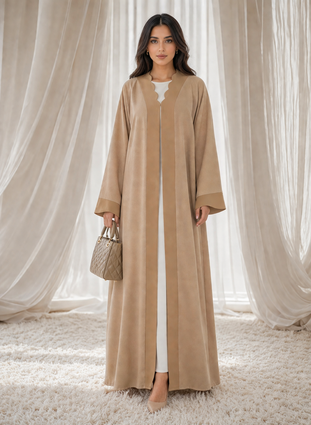 Minimalist Scalloped Trim & Open Front with Headscarf