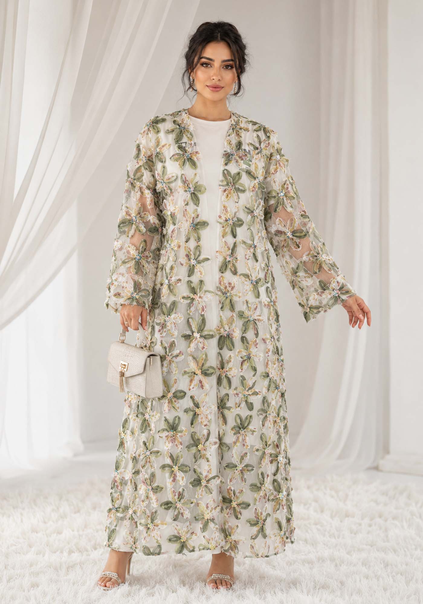 Net Floral Abaya with Headscarf – Elegant, Modest, Luxury Women’s Abaya for Special Occasions