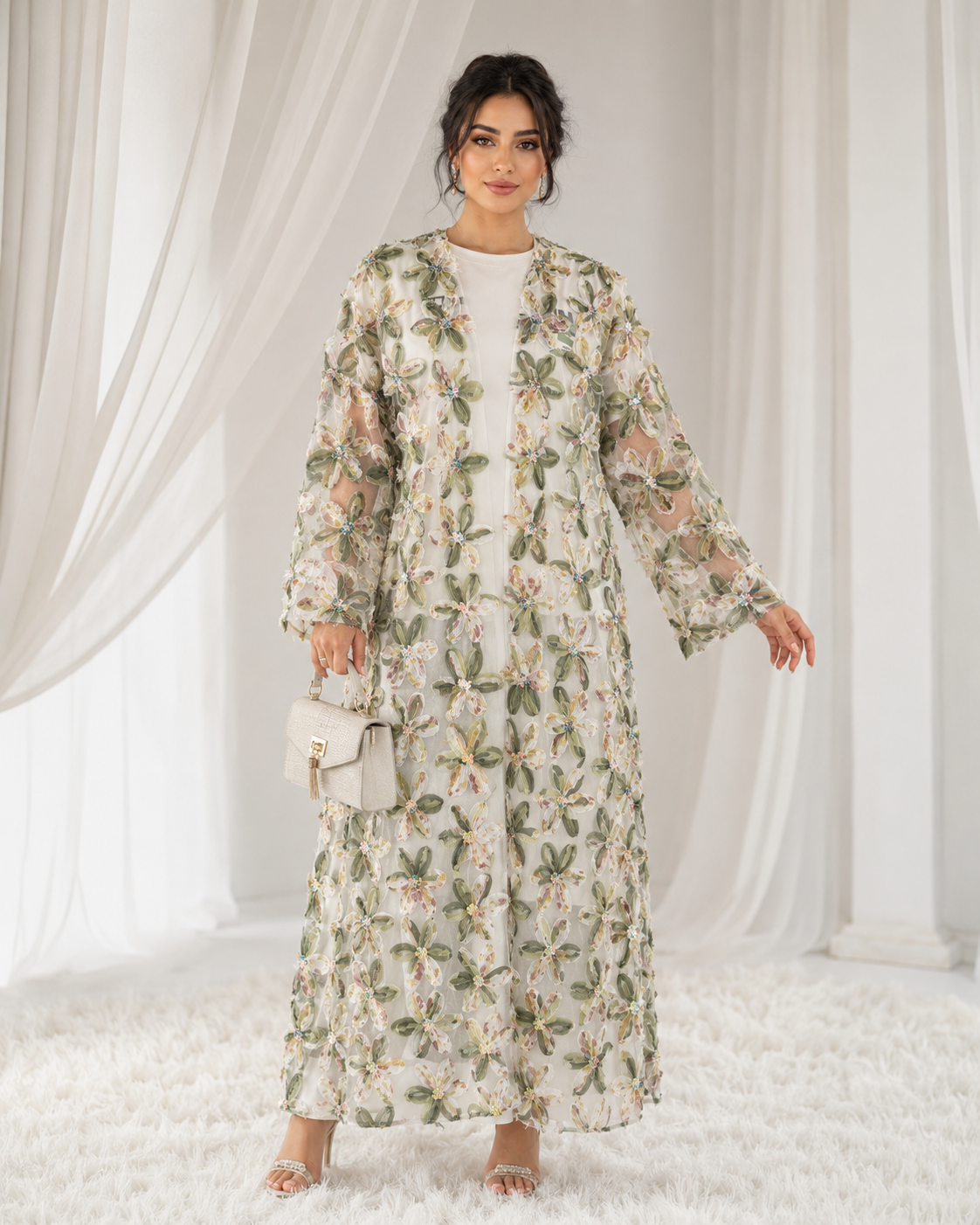 Net Floral Abaya with Headscarf – Elegant, Modest, Luxury Women’s Abaya for Special Occasions