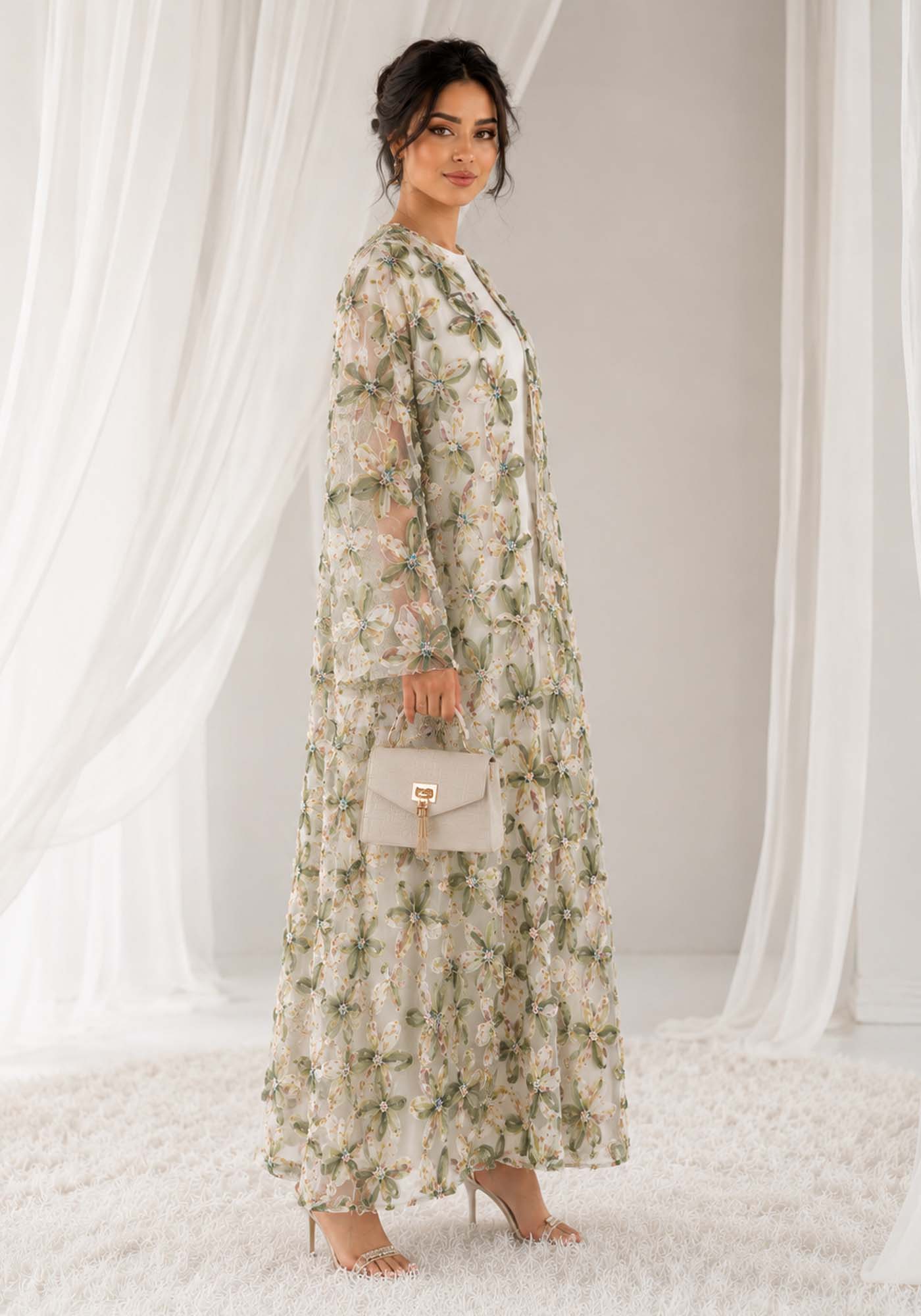 Net Floral Abaya with Headscarf – Elegant, Modest, Luxury Women’s Abaya for Special Occasions