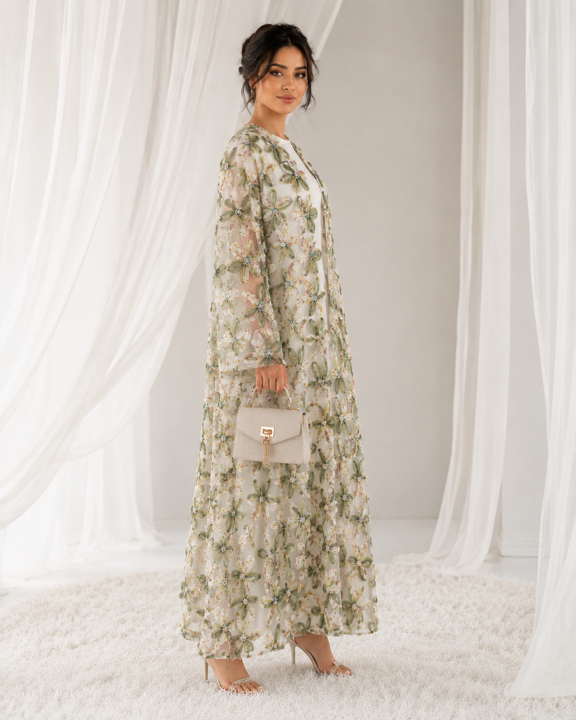 Net Floral Abaya with Headscarf – Elegant, Modest, Luxury Women’s Abaya for Special Occasions