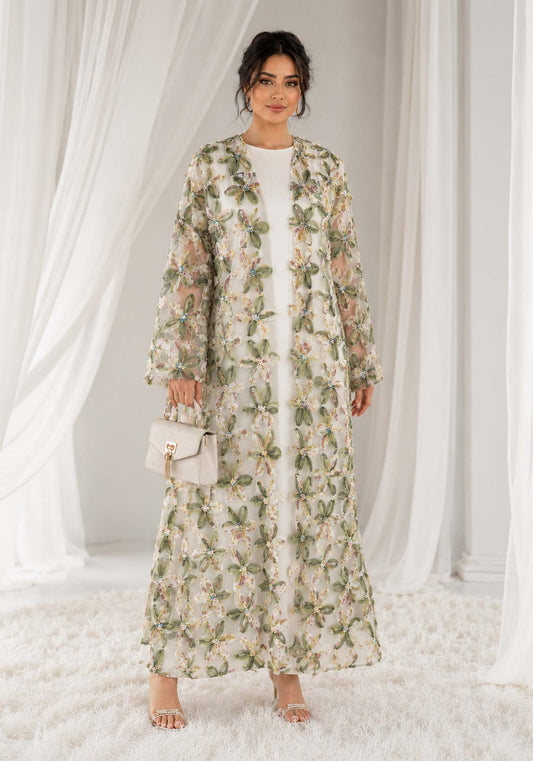 Net Floral Abaya with Headscarf – Elegant, Modest, Luxury Women’s Abaya for Special Occasions