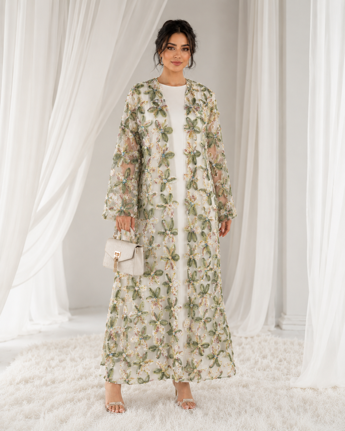 Net Floral Abaya with Headscarf – Elegant, Modest, Luxury Women’s Abaya for Special Occasions