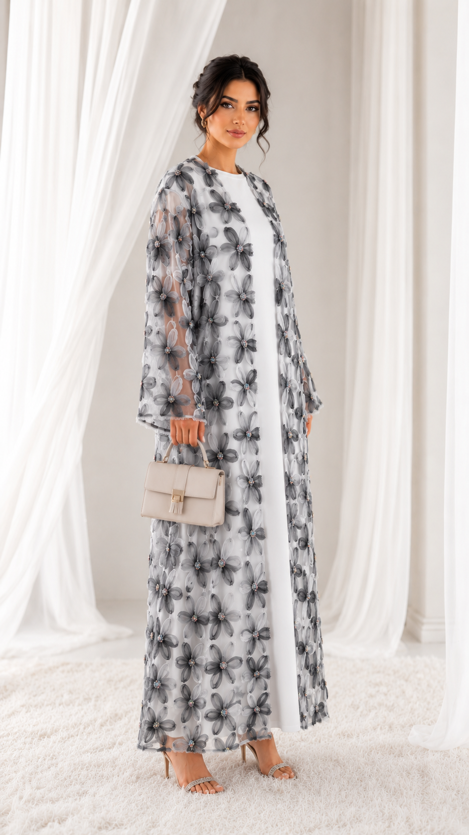 Net Floral Abaya with Plain Chiffon Headscarf – Elegant, Modest, Luxury Women’s Abaya for Special Occasions
