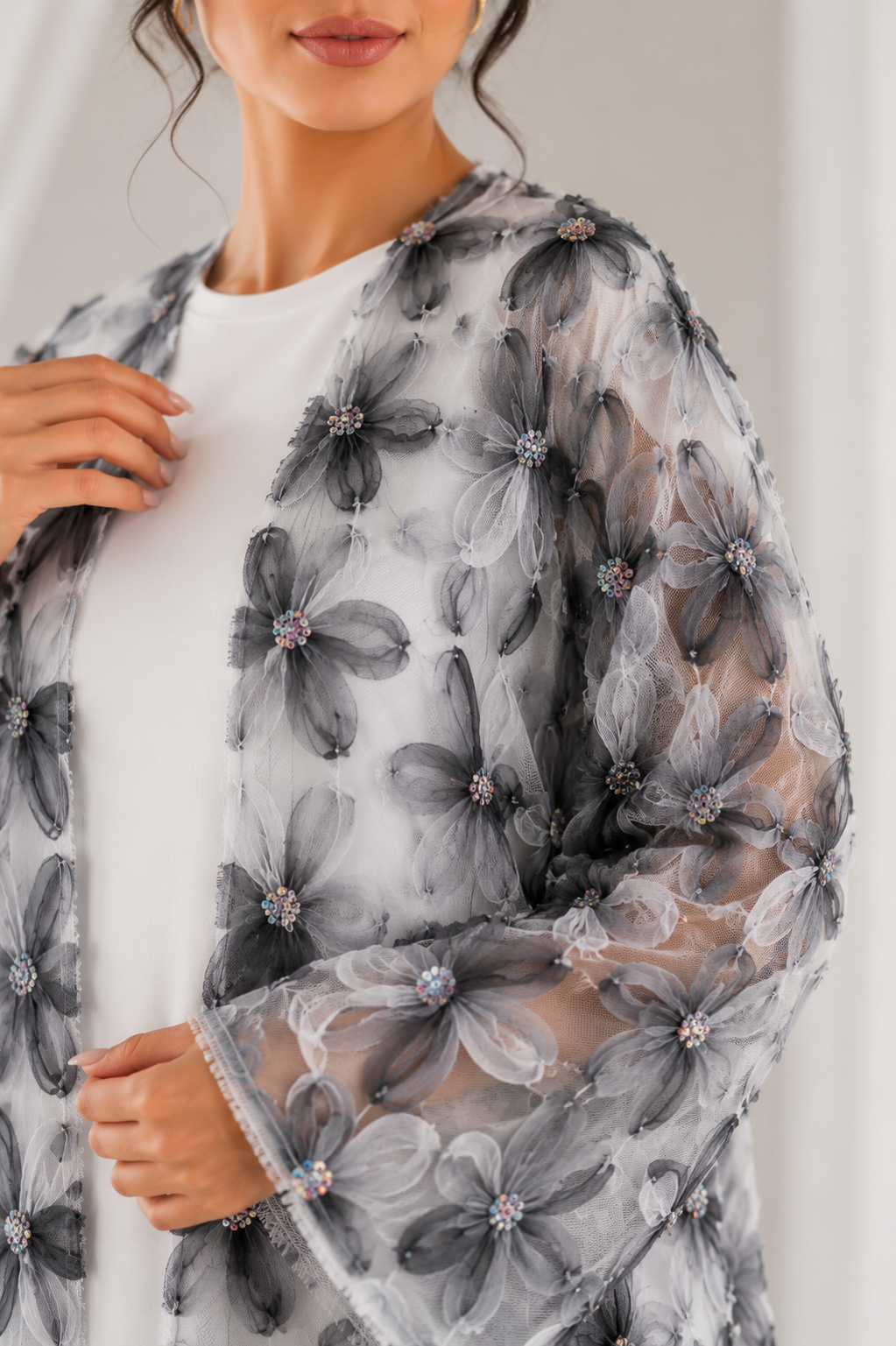 Net Floral Abaya with Plain Chiffon Headscarf – Elegant, Modest, Luxury Women’s Abaya for Special Occasions