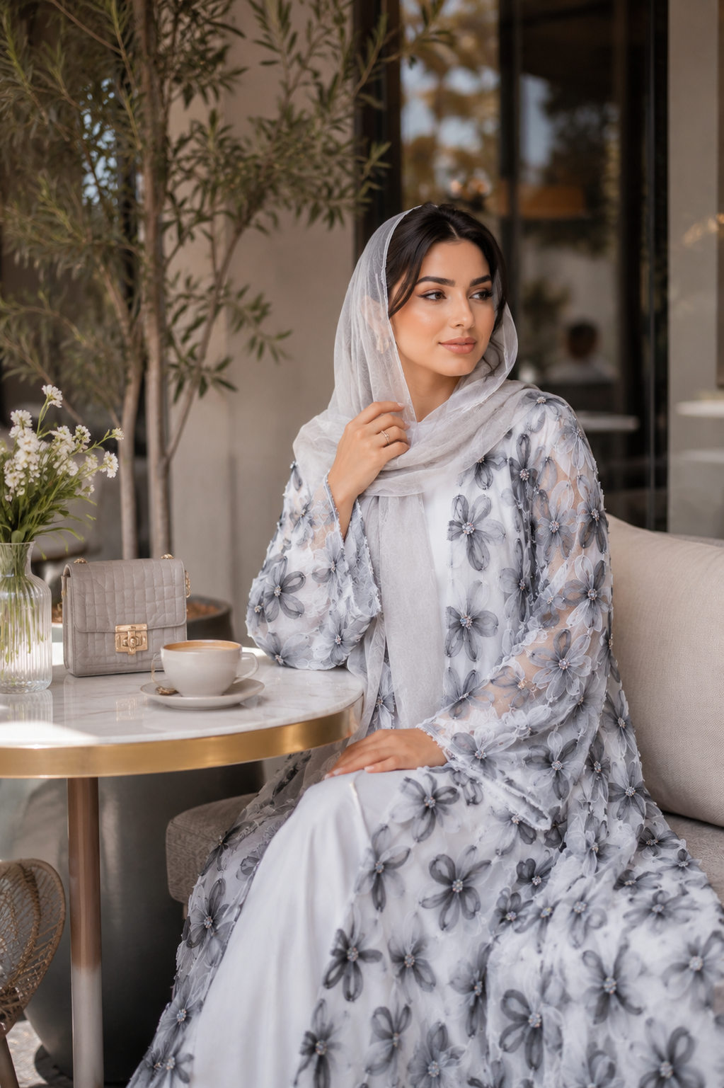 Net Floral Abaya with Plain Chiffon Headscarf – Elegant, Modest, Luxury Women’s Abaya for Special Occasions