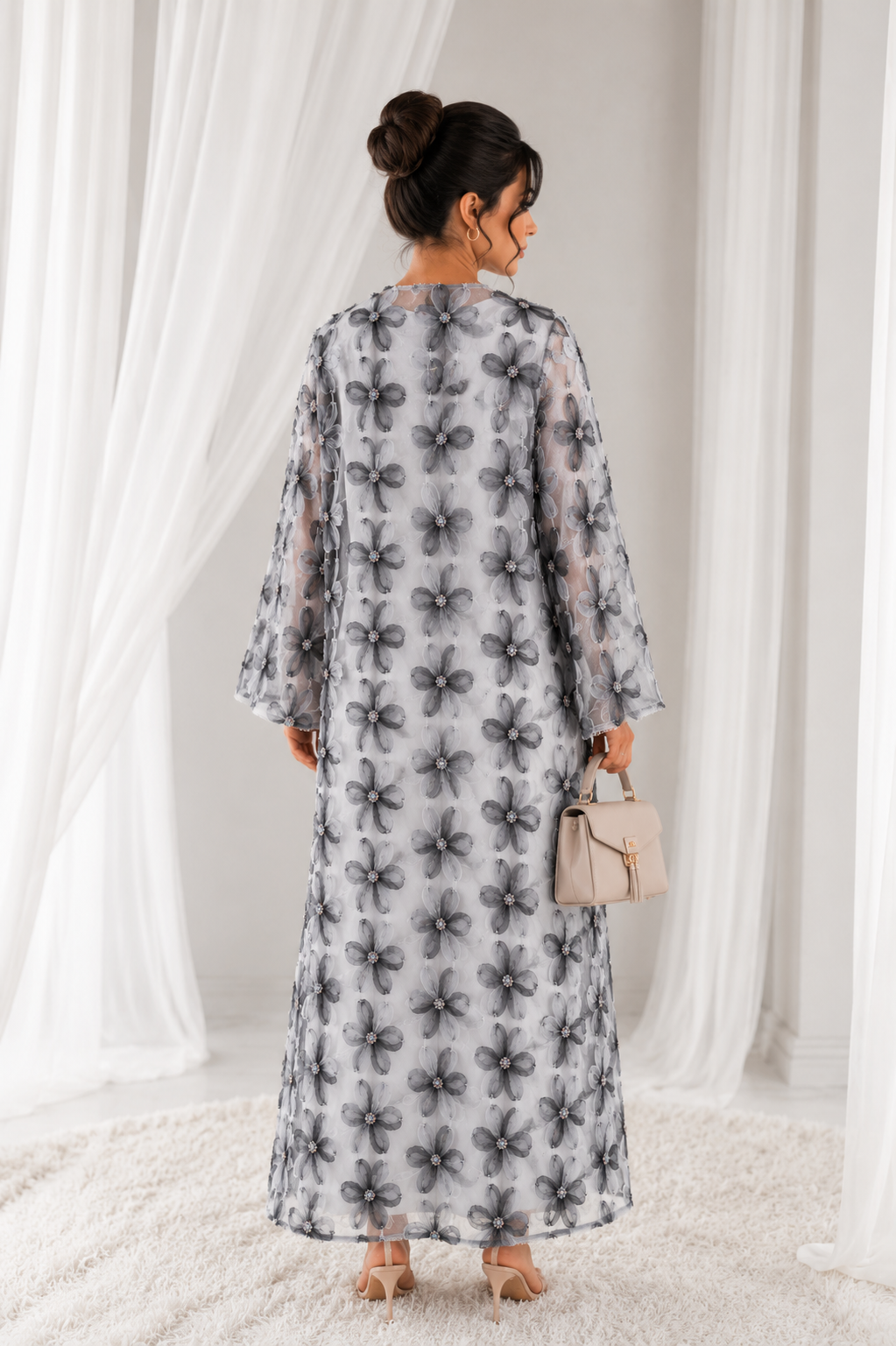 Net Floral Abaya with Plain Chiffon Headscarf – Elegant, Modest, Luxury Women’s Abaya for Special Occasions