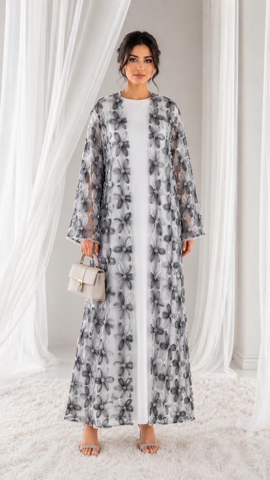 Net Floral Abaya with Plain Chiffon Headscarf – Elegant, Modest, Luxury Women’s Abaya for Special Occasions