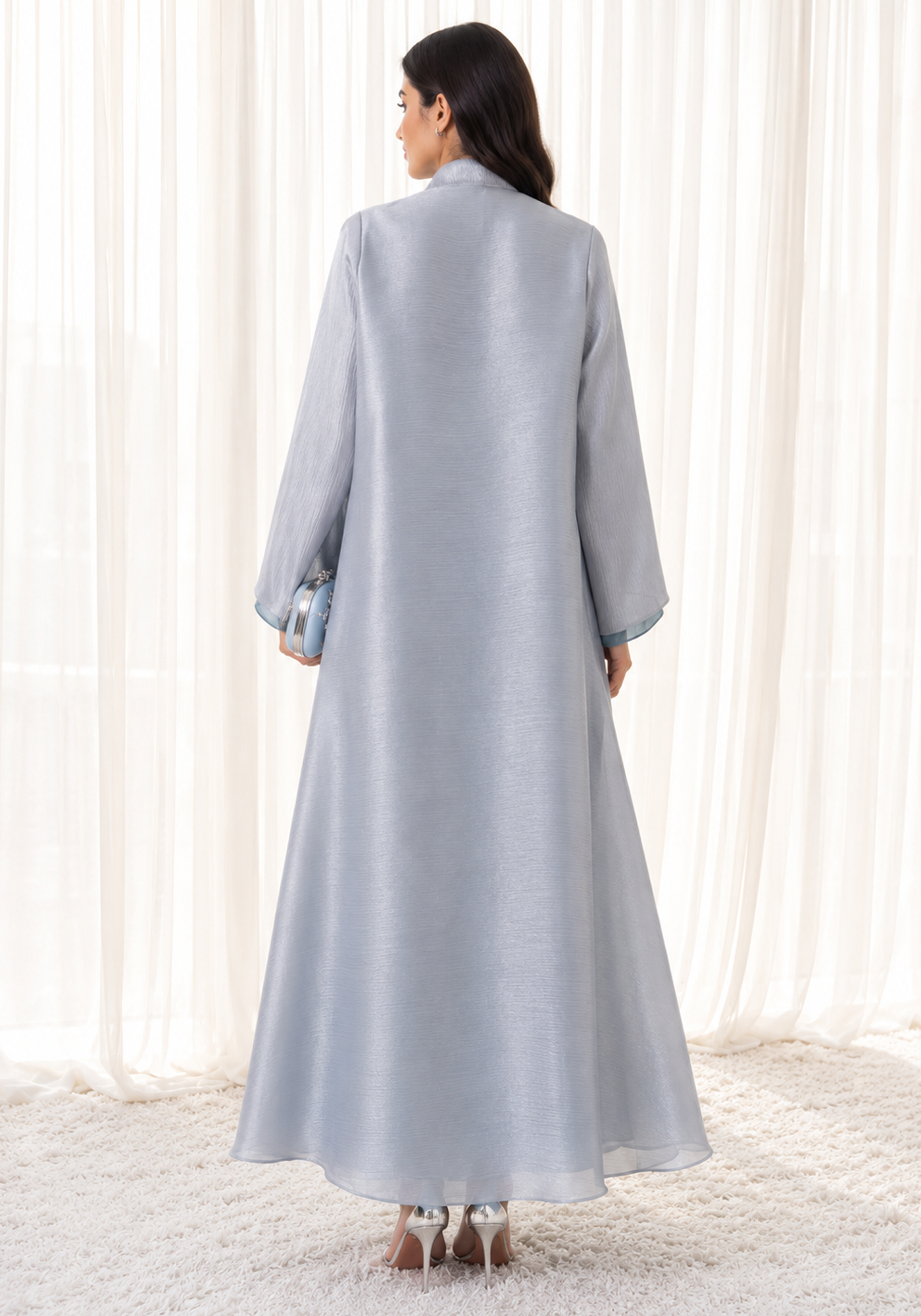 Dusk Blue Organza Abaya Set, Made in UAE