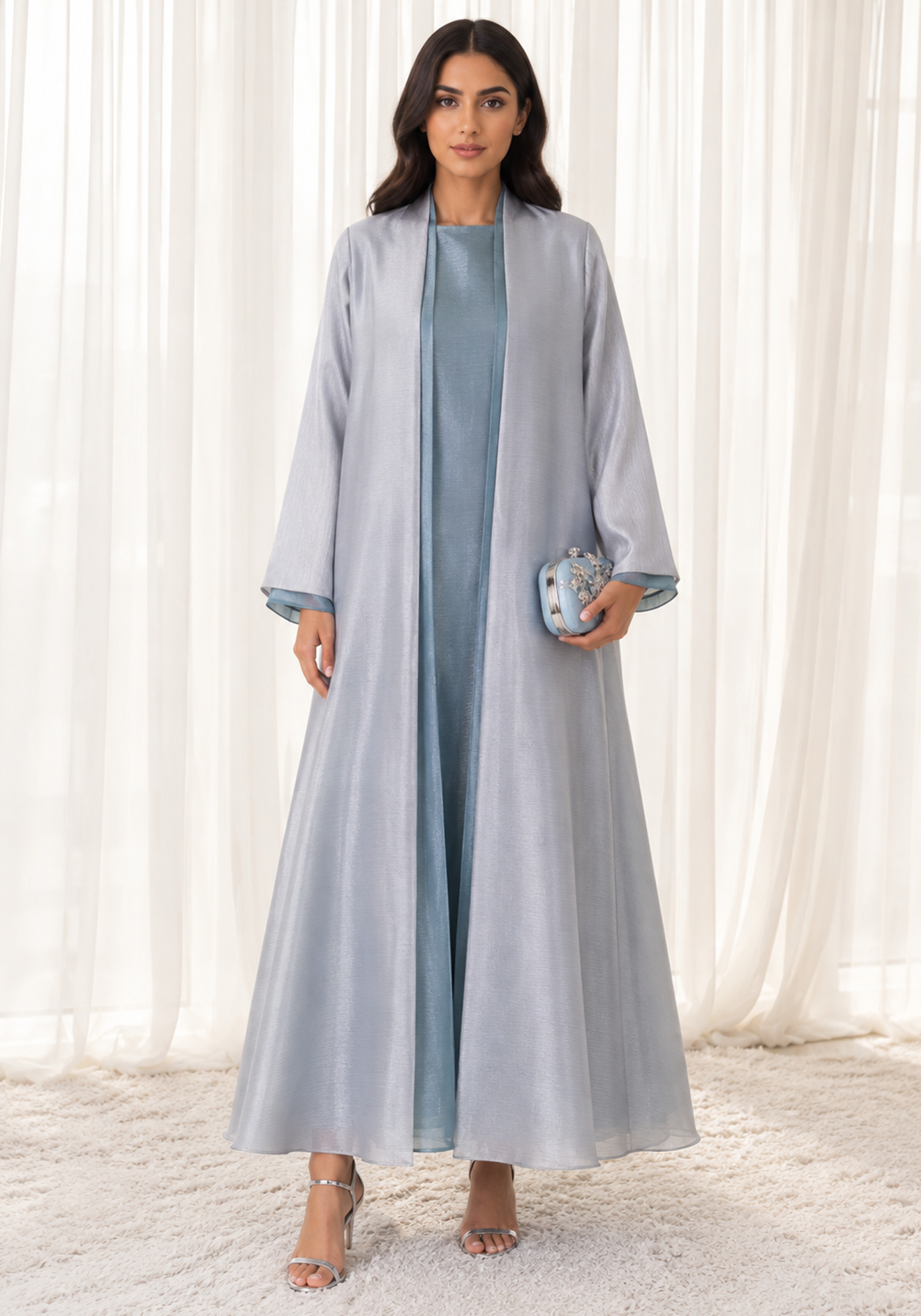 Dusk Blue Organza Abaya Set, Made in UAE