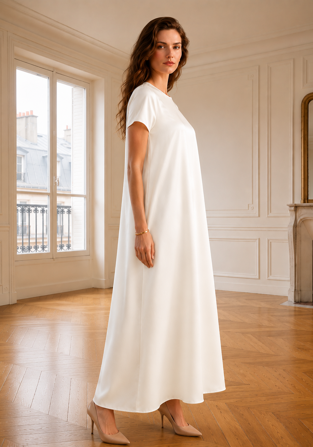 Satin Silk Under Abaya Dress I Off White, Short Sleeve, Maxi Length