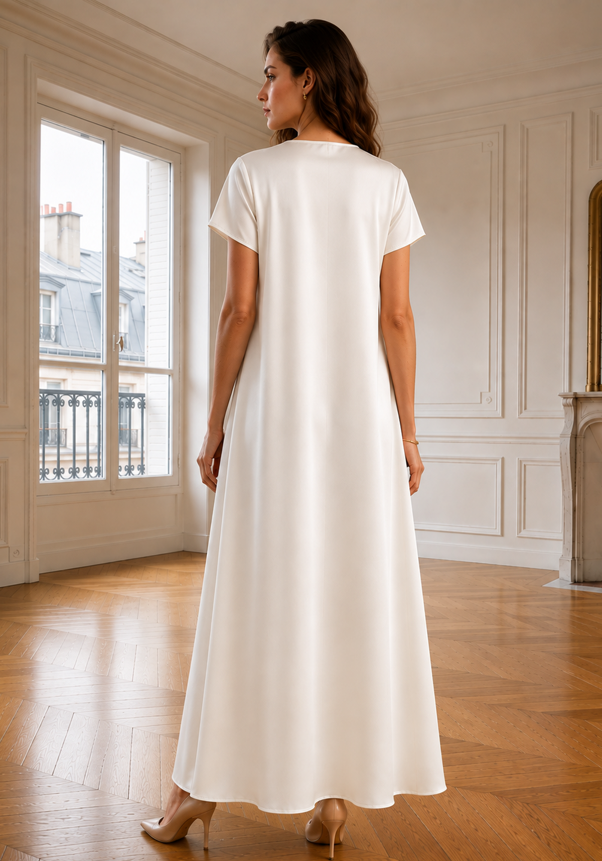 Satin Silk Under Abaya Dress I Off White, Short Sleeve, Maxi Length