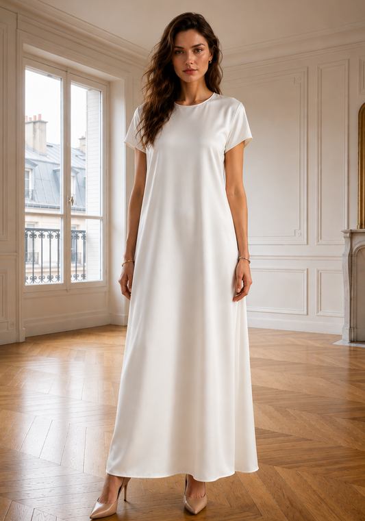 Satin Silk Under Abaya Dress I Off White, Short Sleeve, Maxi Length