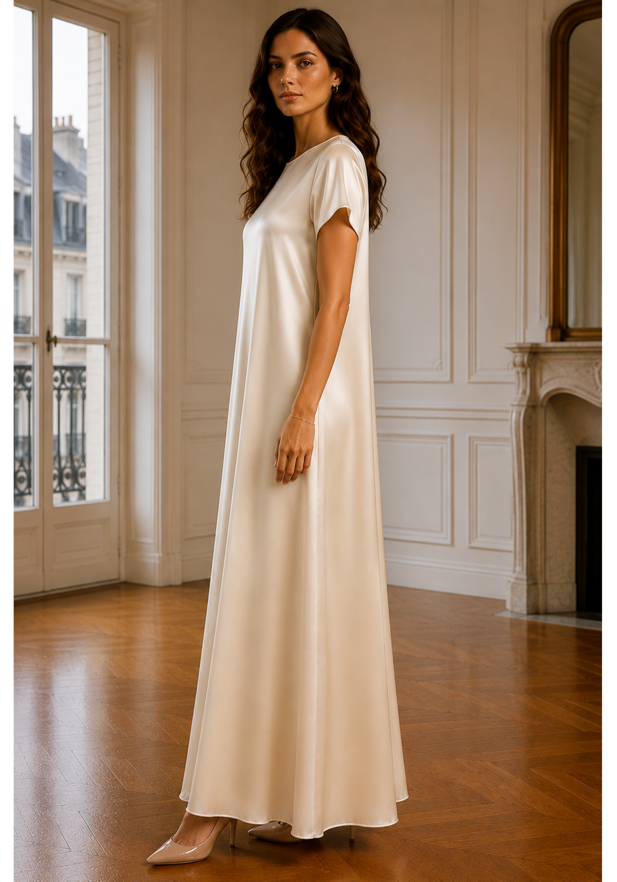 Satin Silk Under Abaya Dress I Ivory, Short Sleeve, Maxi Length