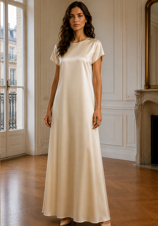 Satin Silk Under Abaya Dress I Ivory, Short Sleeve, Maxi Length