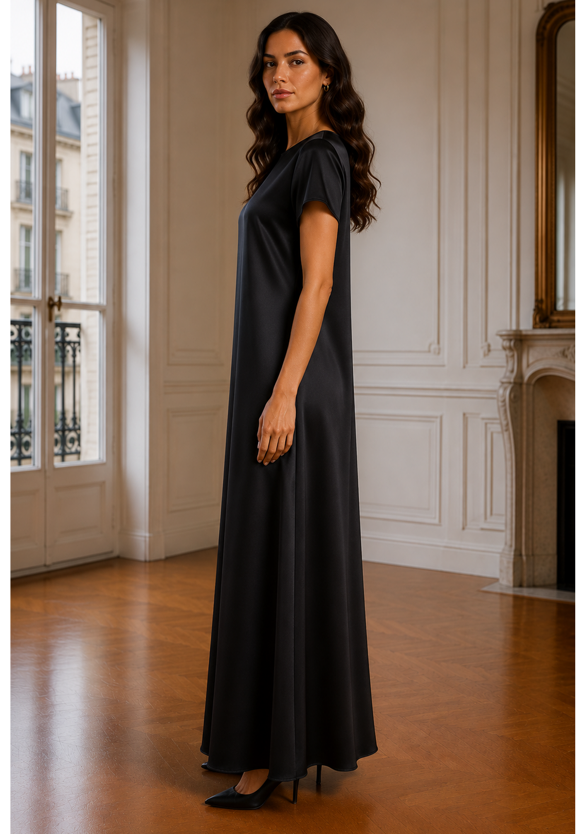 Satin Silk Under Abaya Dress I Black, Short Sleeve, Maxi Length