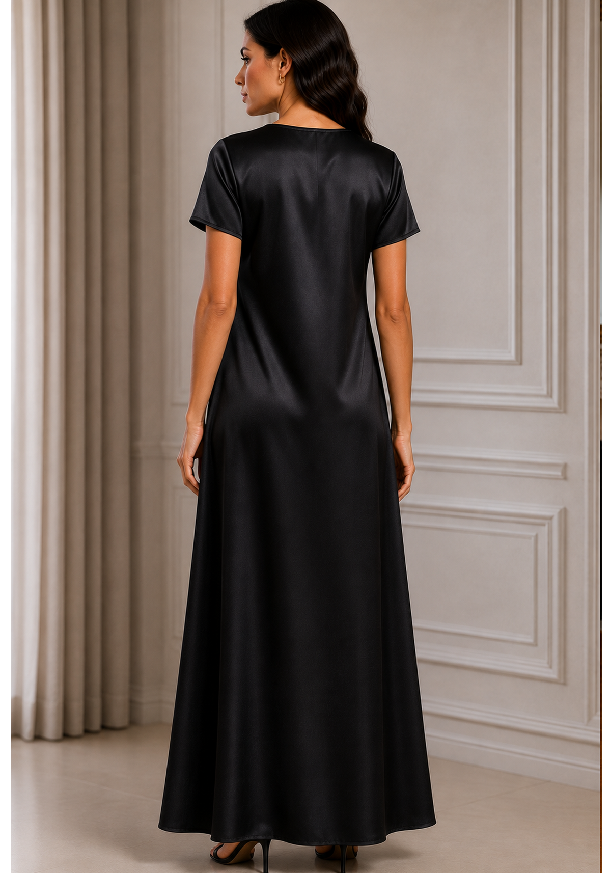 Satin Silk Under Abaya Dress I Black, Short Sleeve, Maxi Length