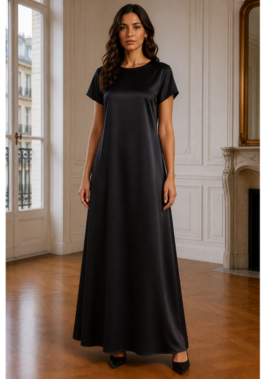 Satin Silk Under Abaya Dress I Black, Short Sleeve, Maxi Length