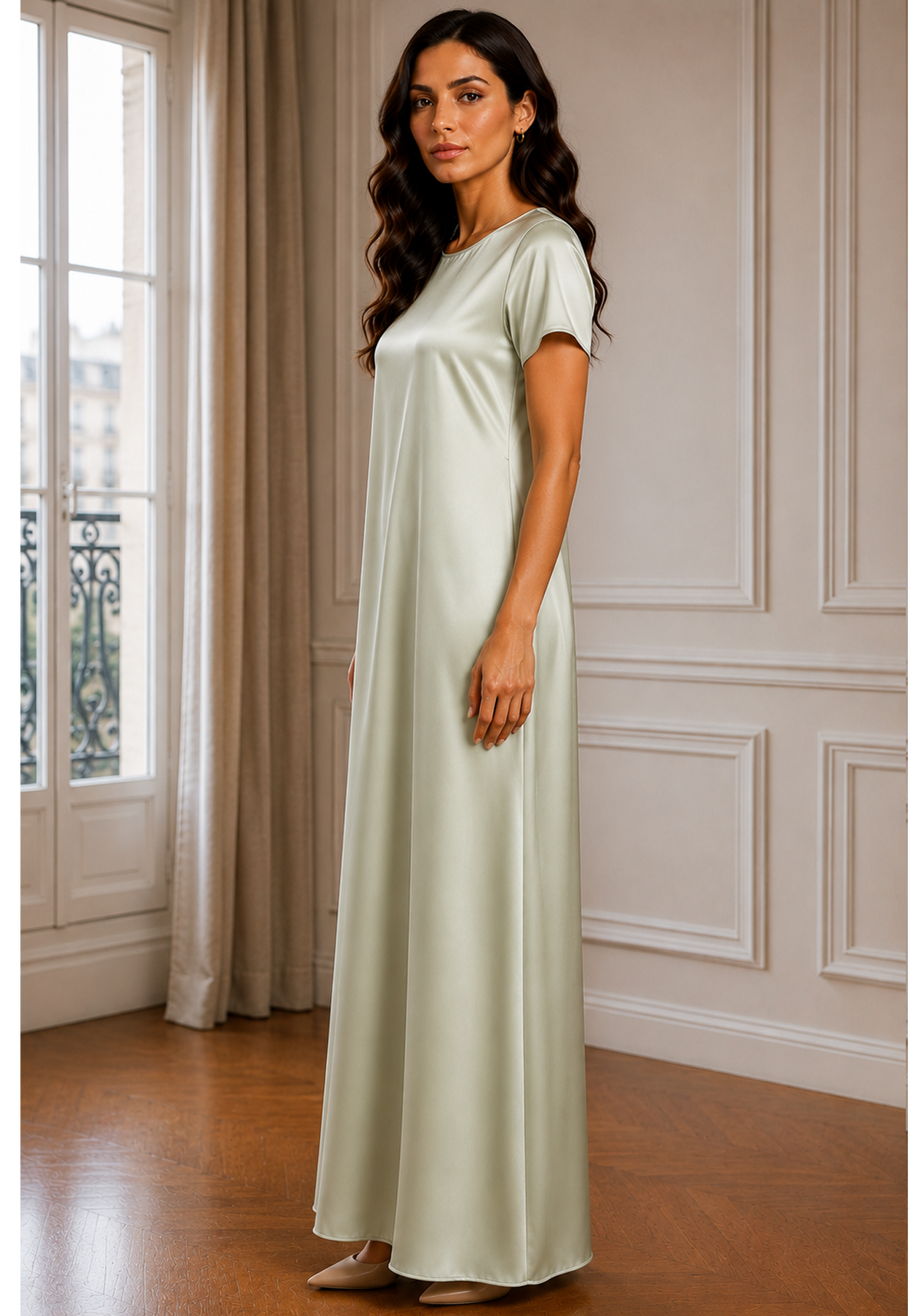 Sage Green Satin Silk Under Abaya | Long Slip Dress with Short Sleeves