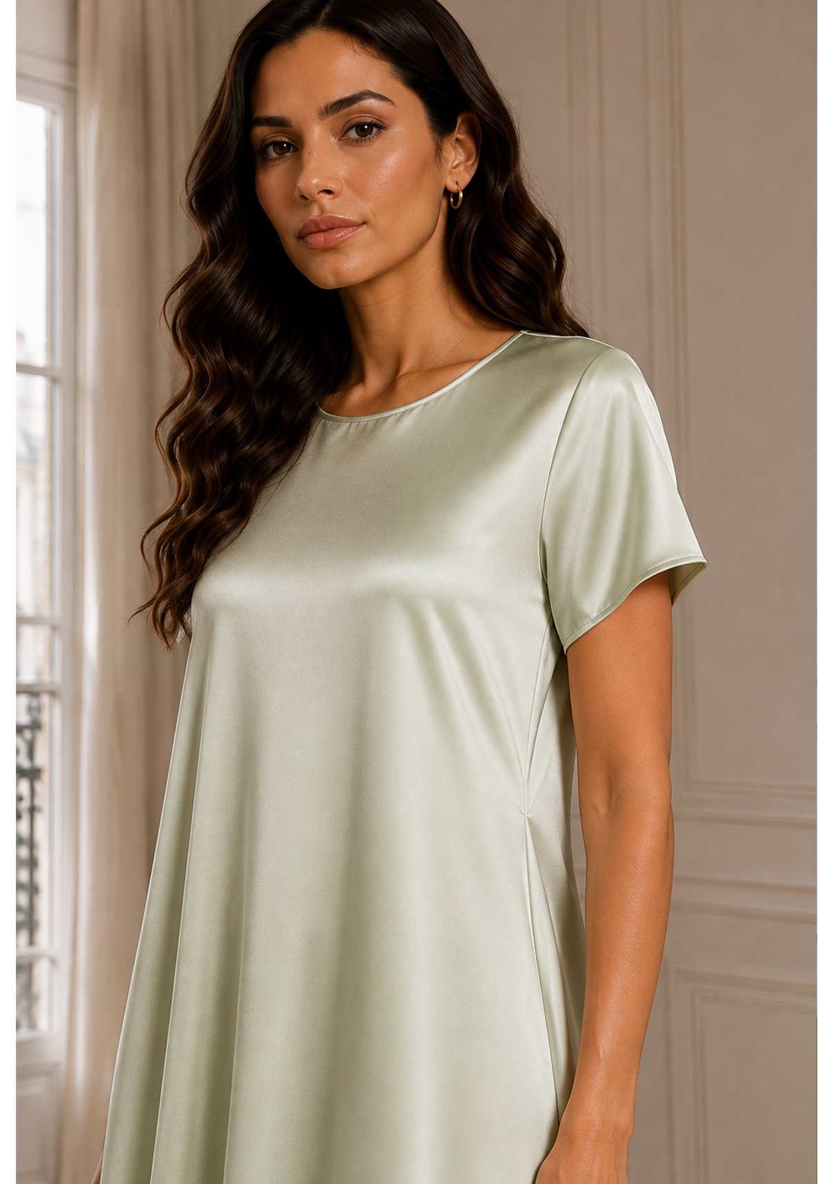 Sage Green Satin Silk Under Abaya | Long Slip Dress with Short Sleeves