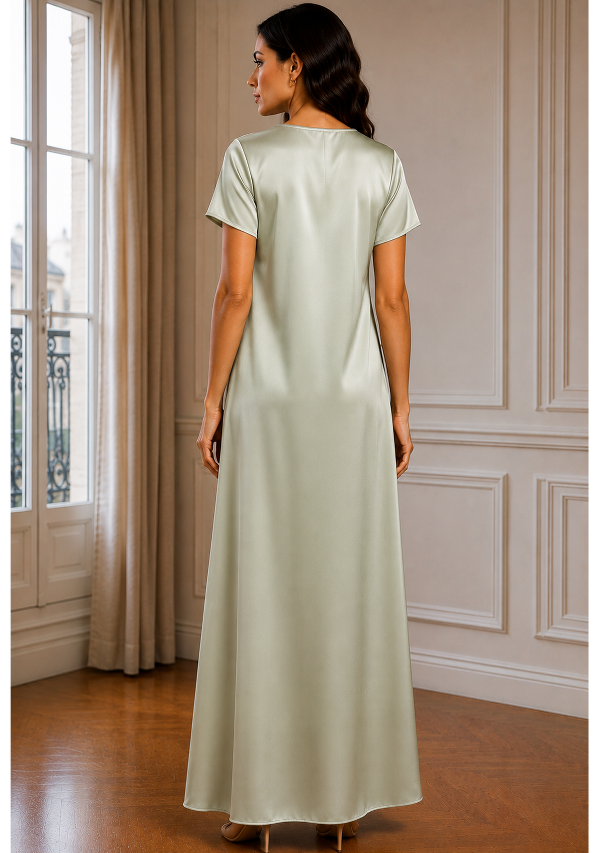 Sage Green Satin Silk Under Abaya | Long Slip Dress with Short Sleeves