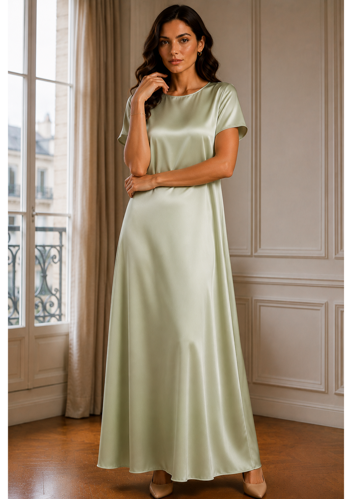 Sage Green Satin Silk Under Abaya | Long Slip Dress with Short Sleeves