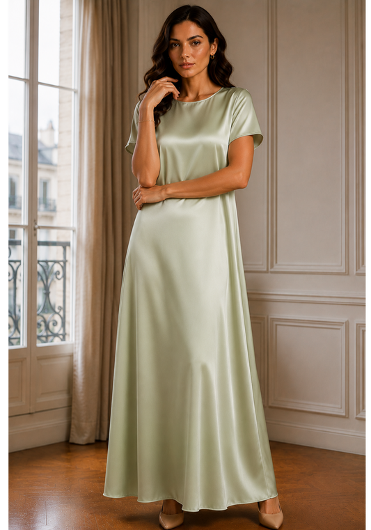 Sage Green Satin Silk Under Abaya | Long Slip Dress with Short Sleeves