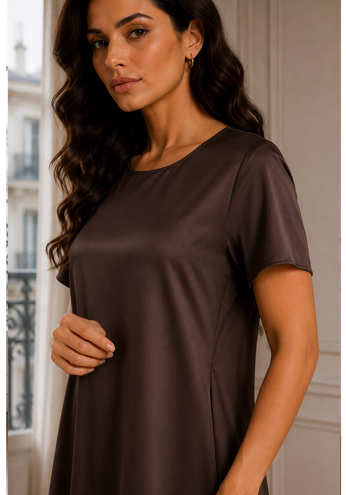 Chocolate Brown Satin Silk Under Abaya | Long Slip Dress with Short Sleeves