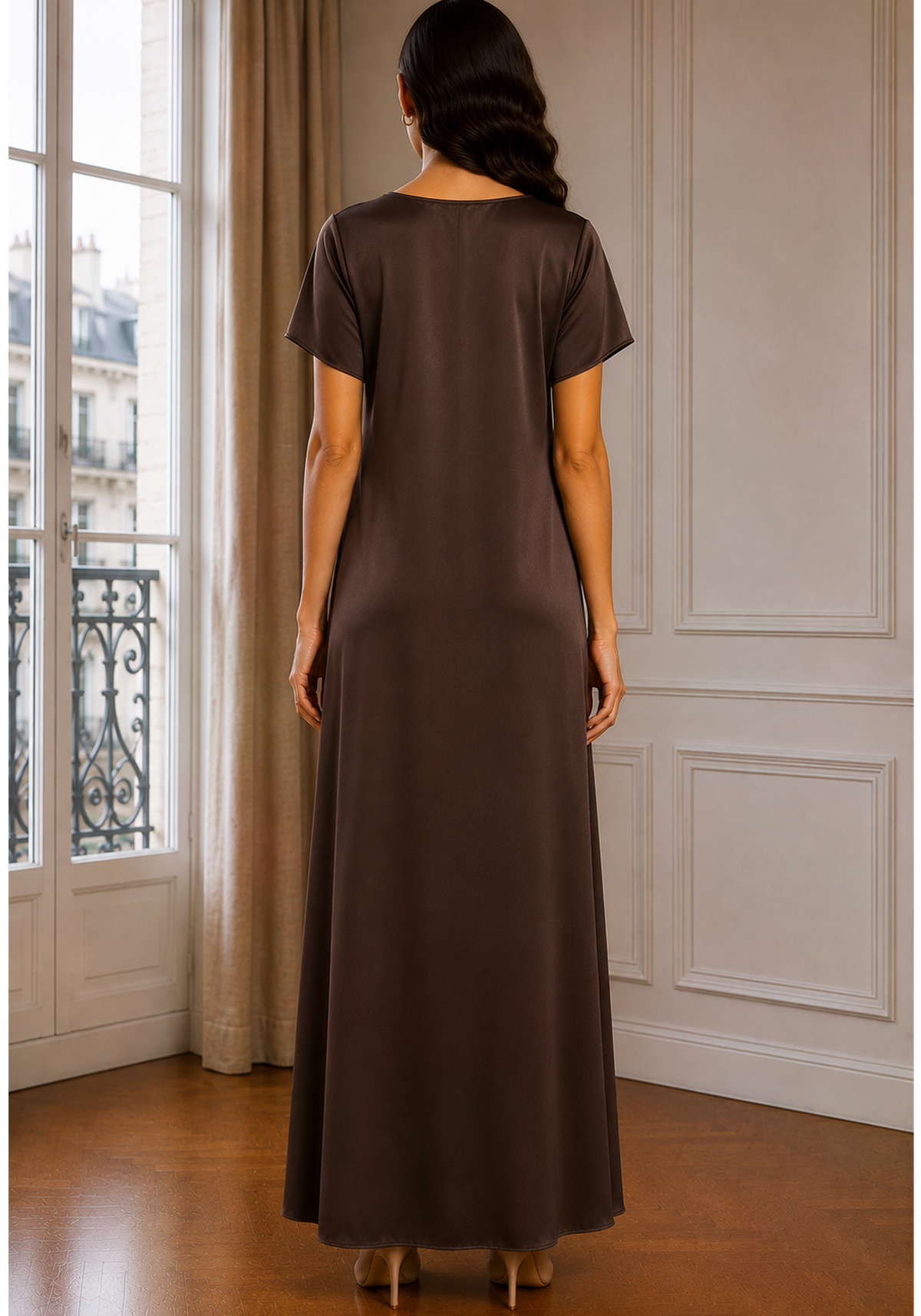 Chocolate Brown Satin Silk Under Abaya | Long Slip Dress with Short Sleeves