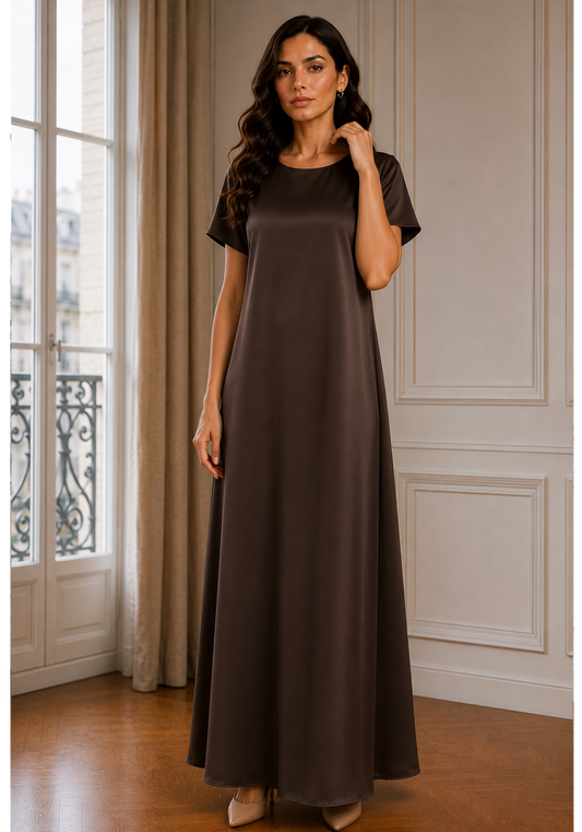 Chocolate Brown Satin Silk Under Abaya | Long Slip Dress with Short Sleeves