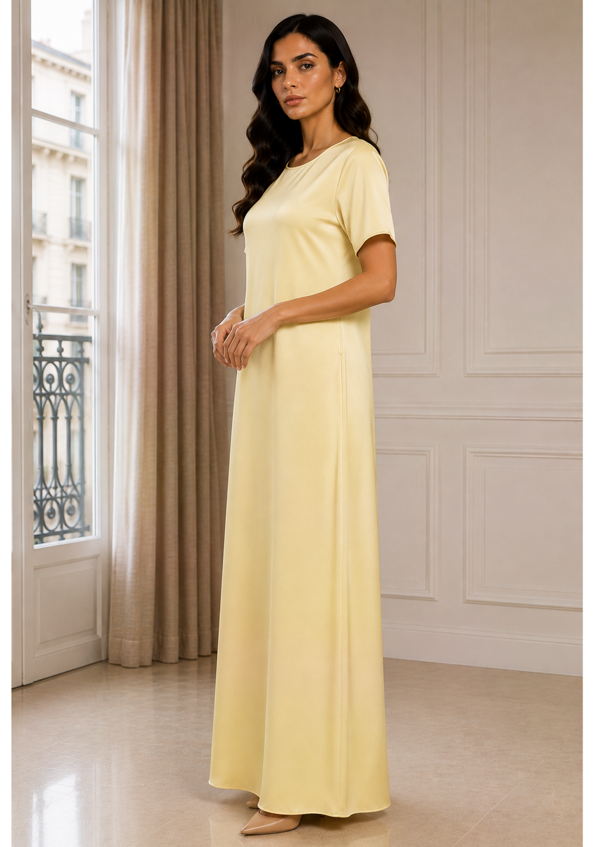 Butter Yellow Satin Silk Under Abaya | Long Slip Dress with Short Sleeves