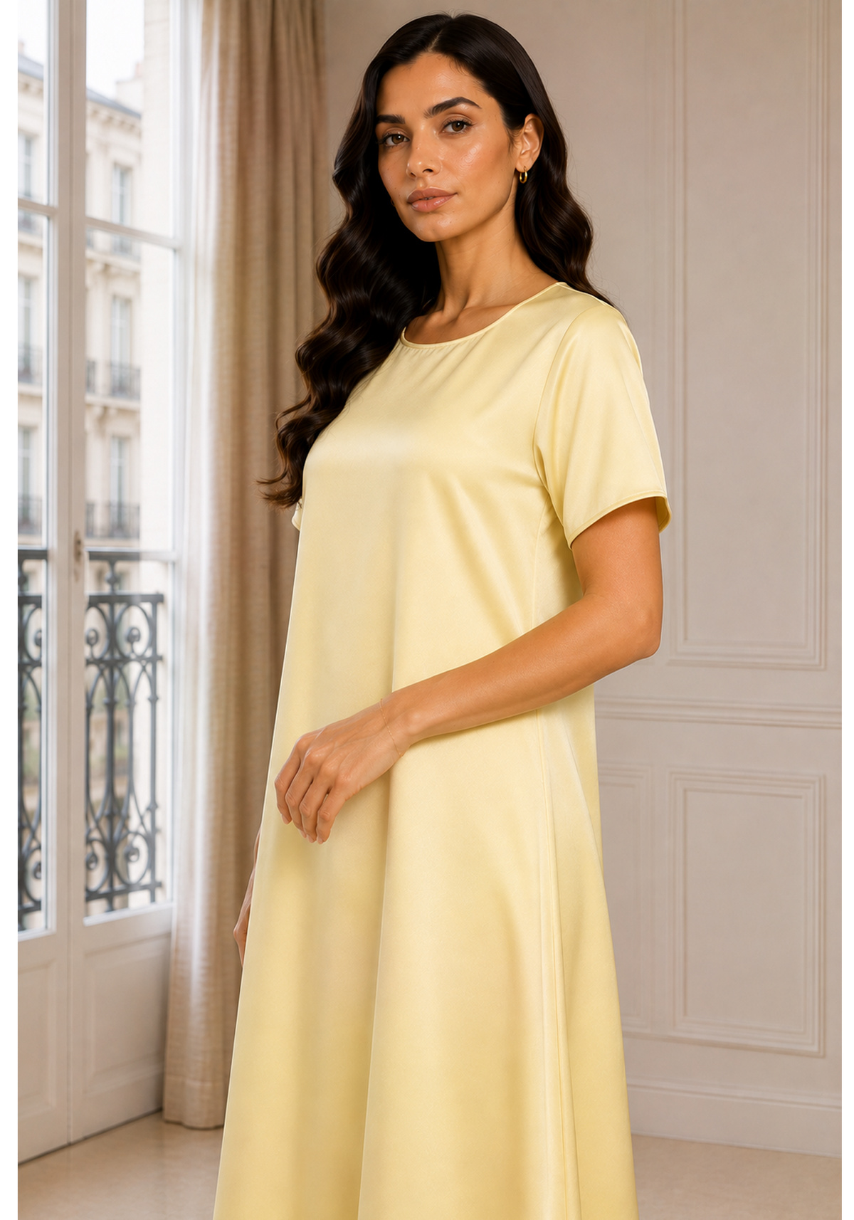 Butter Yellow Satin Silk Under Abaya | Long Slip Dress with Short Sleeves