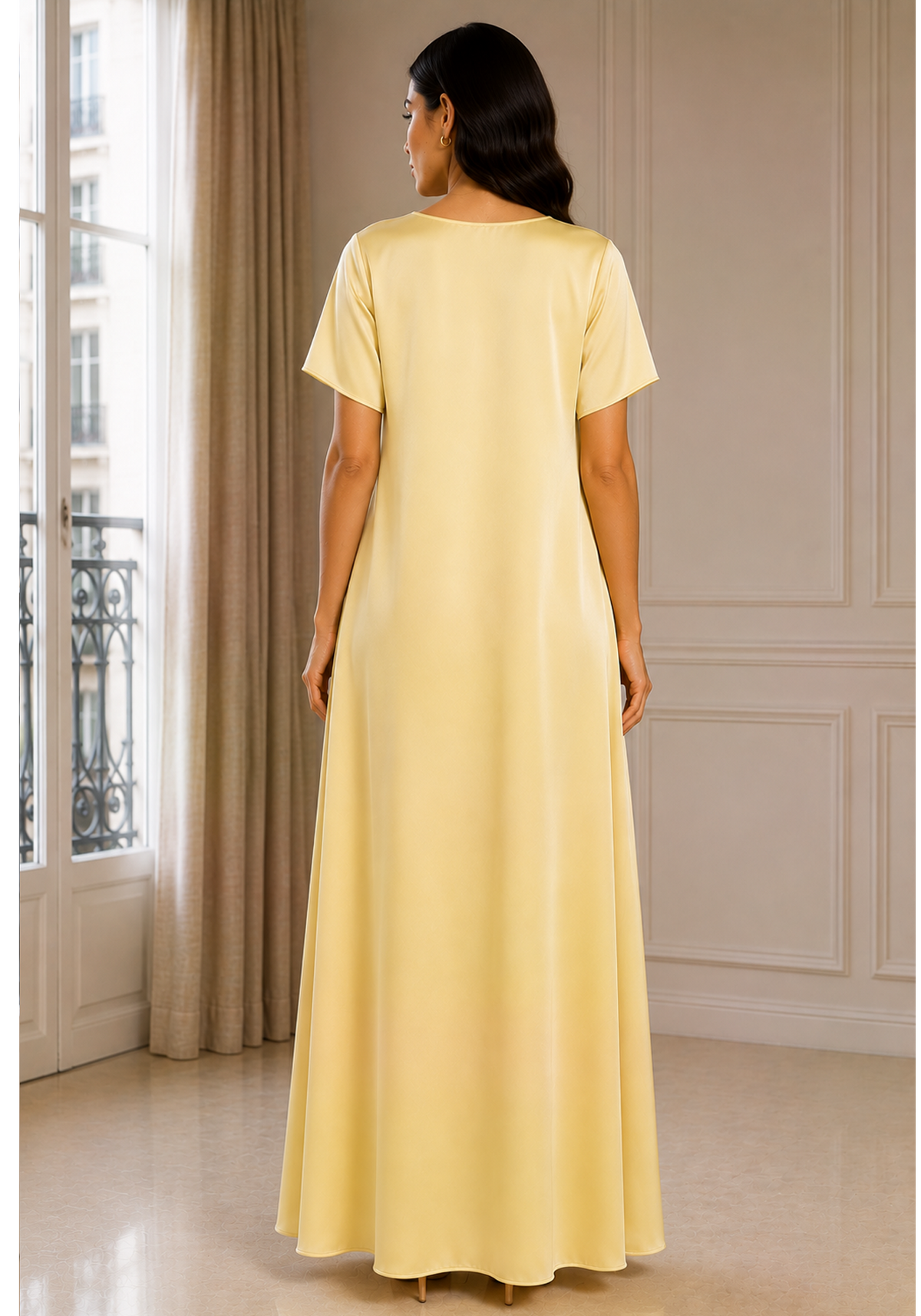 Butter Yellow Satin Silk Under Abaya | Long Slip Dress with Short Sleeves