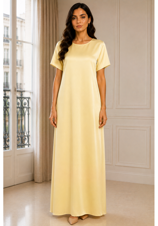 Butter Yellow Satin Silk Under Abaya | Long Slip Dress with Short Sleeves