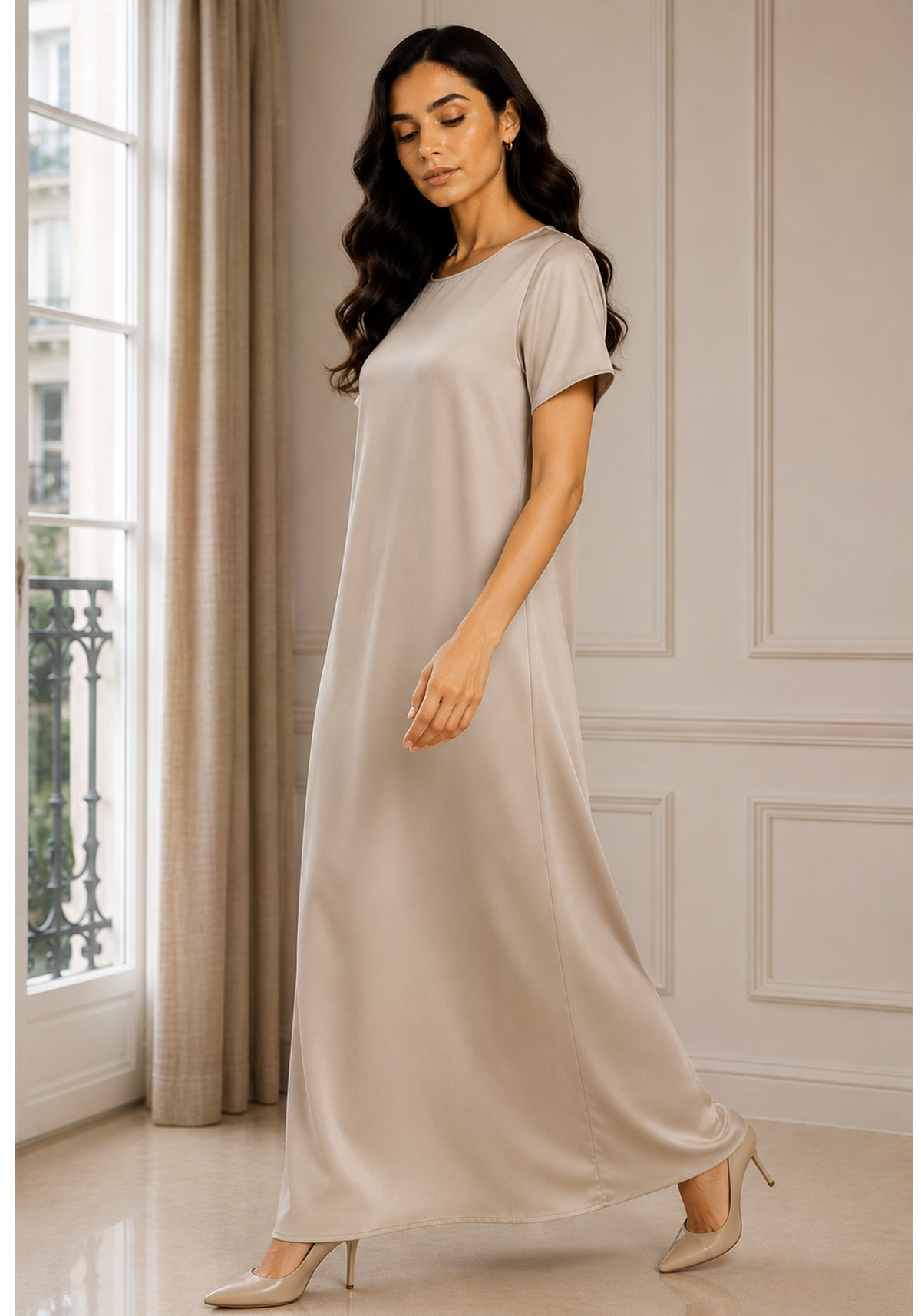 Taupe Satin Silk Under Abaya | Long Slip Dress with Short Sleeves