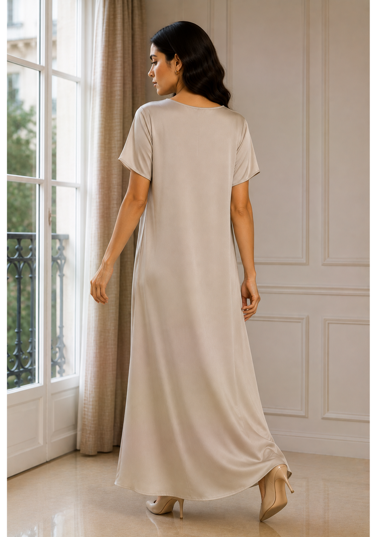 Taupe Satin Silk Under Abaya | Long Slip Dress with Short Sleeves