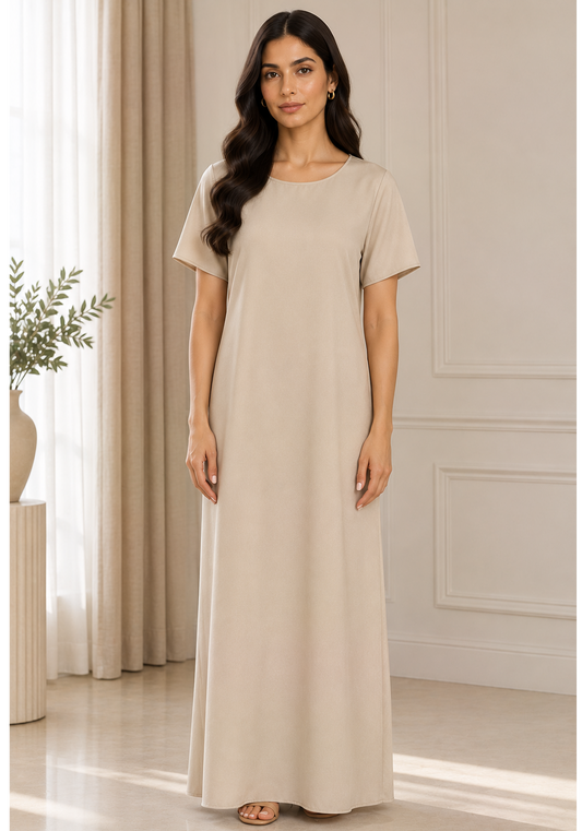 Taupe Satin Silk Under Abaya | Long Slip Dress with Short Sleeves