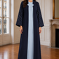 Navy Blue & Ice Blue 3-Piece Crepe Abaya Set with with Geometric Neckline & Striped Sleeves
