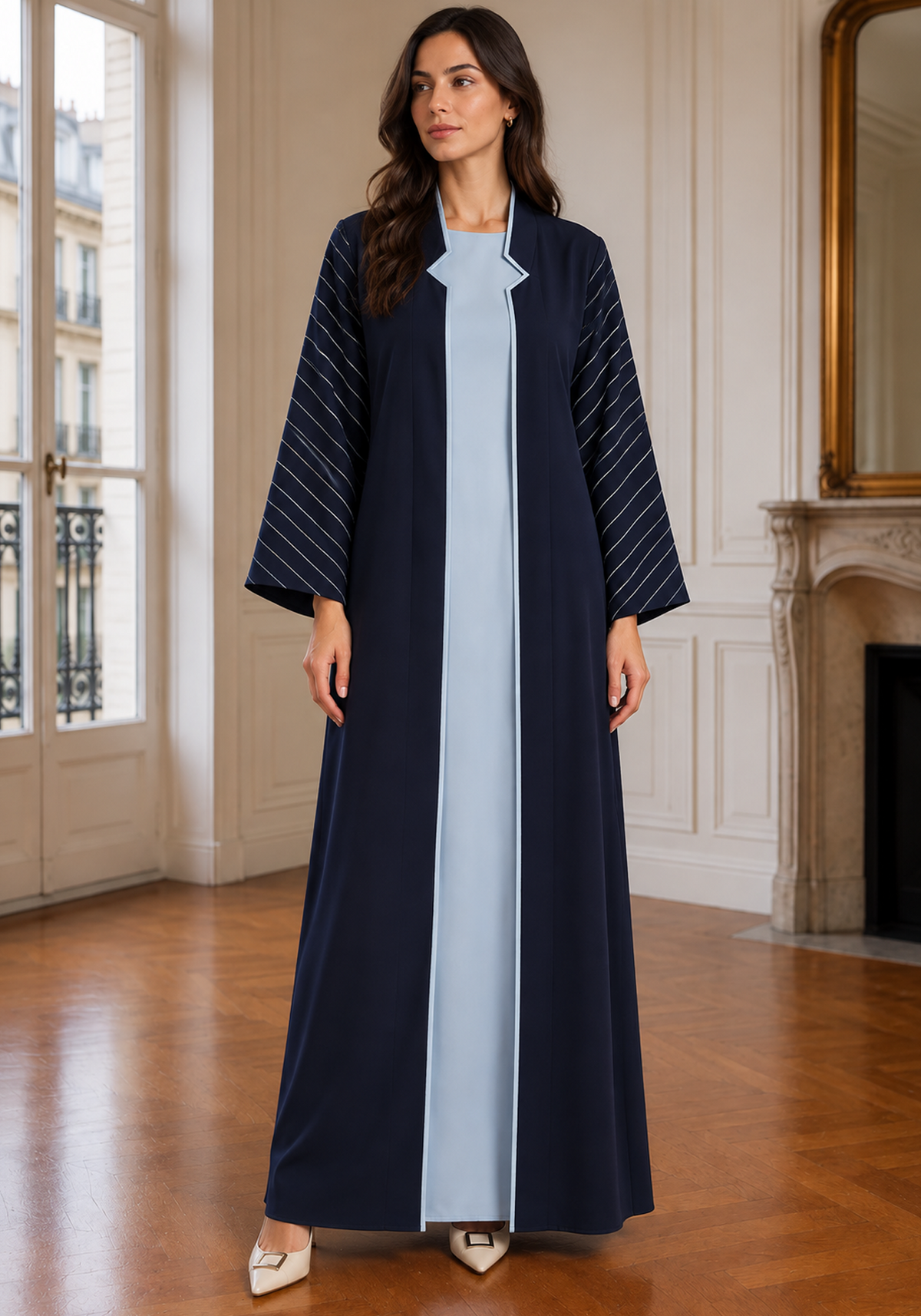 Navy Blue & Ice Blue 3-Piece Crepe Abaya Set with with Geometric Neckline & Striped Sleeves