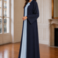 Navy Blue & Ice Blue 3-Piece Crepe Abaya Set with with Geometric Neckline & Striped Sleeves