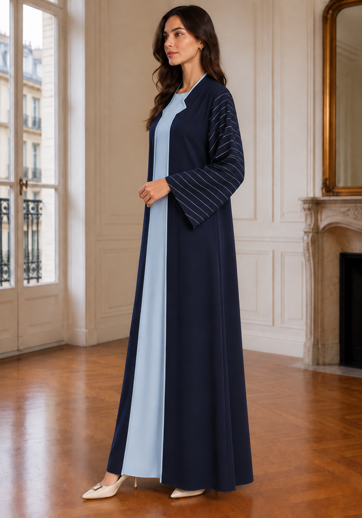 Navy Blue & Ice Blue 3-Piece Crepe Abaya Set with with Geometric Neckline & Striped Sleeves